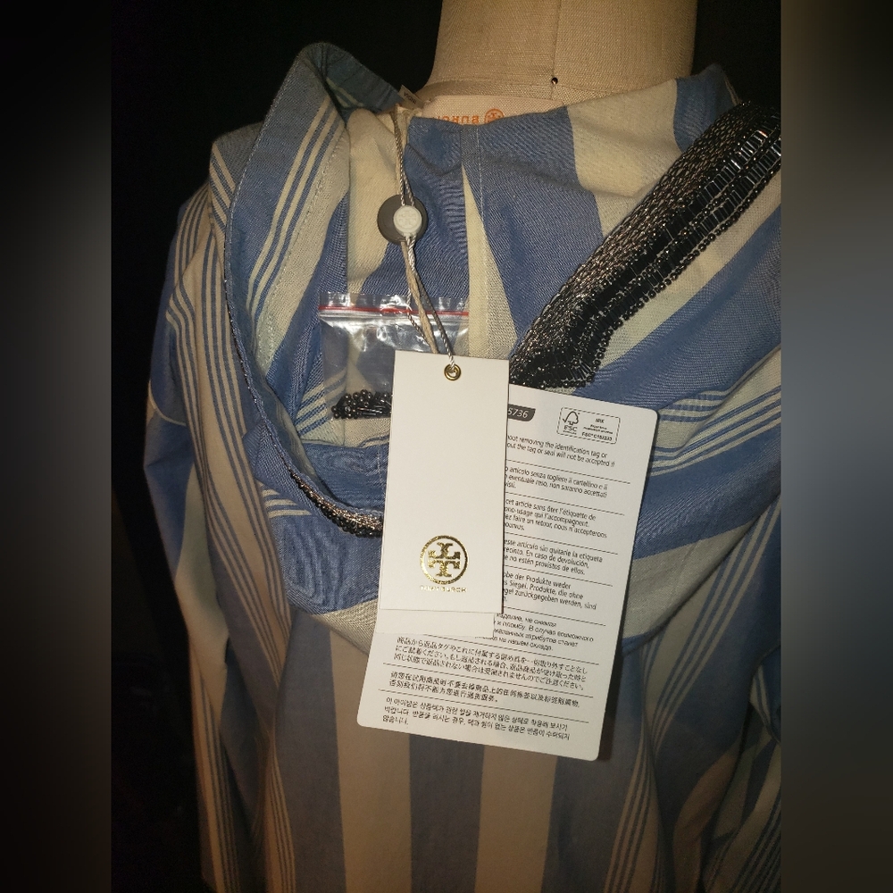 NWT. Tory Burch pinstripe blue white Striped Hood Kaftan sequins embroid   dress - Picture 15 of 16